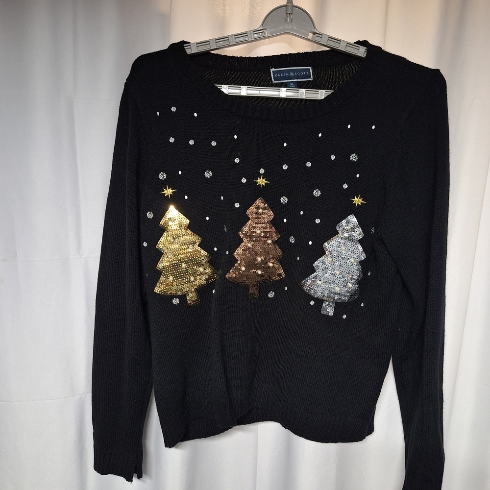 Karen Scott Black Sweater with Sequin Trees Christmas Holiday